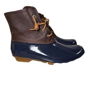 Sperry Women Saltwater Rubber Brown Leather STS91175 Navy Blue Boot Size 9 Women
